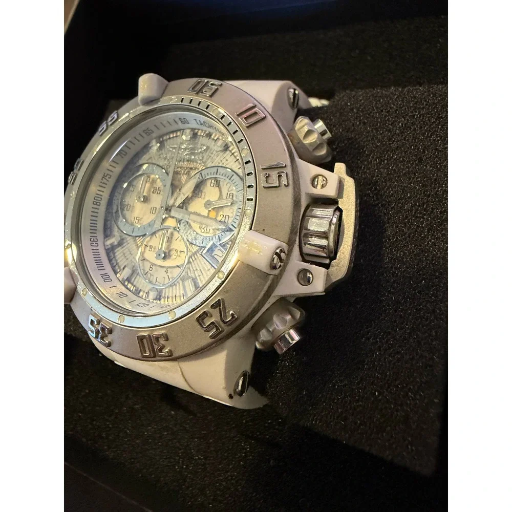 Invicta Subaqua Noma III 0933 Chronograph White Silicone Watch 50mm Silver Dial